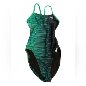 TYR Swimwear size 28 one piece emerald and black EUC